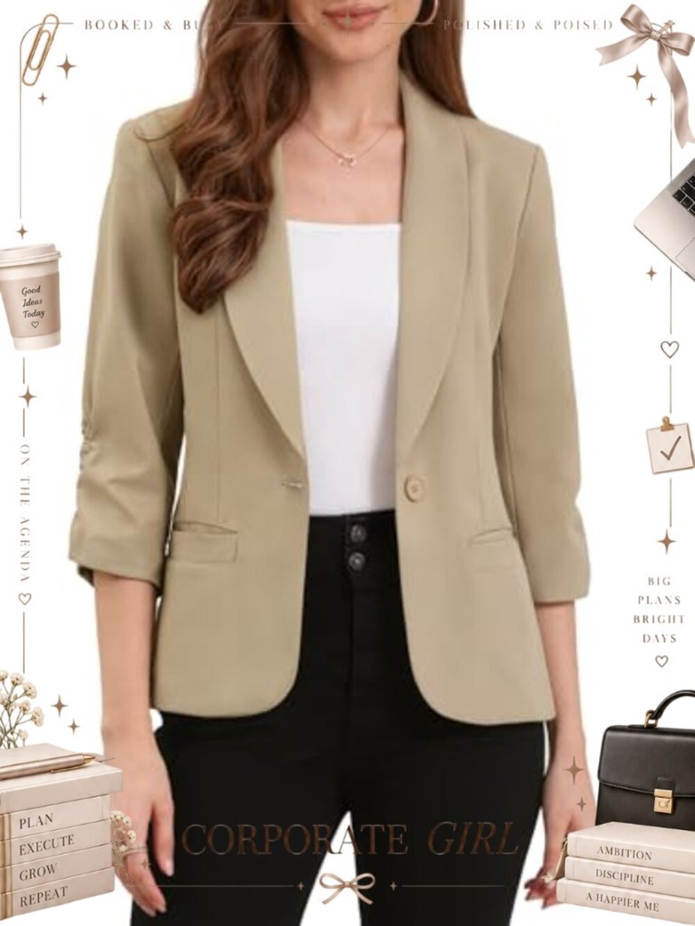 Ruched 3/4 Sleeve Blazer Business Casual Suit Jacket Shawl Lapel Single Button